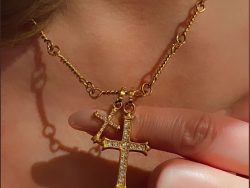 Gold-Plated Stainless Steel Cross Pendant Necklace with Crystal Accents